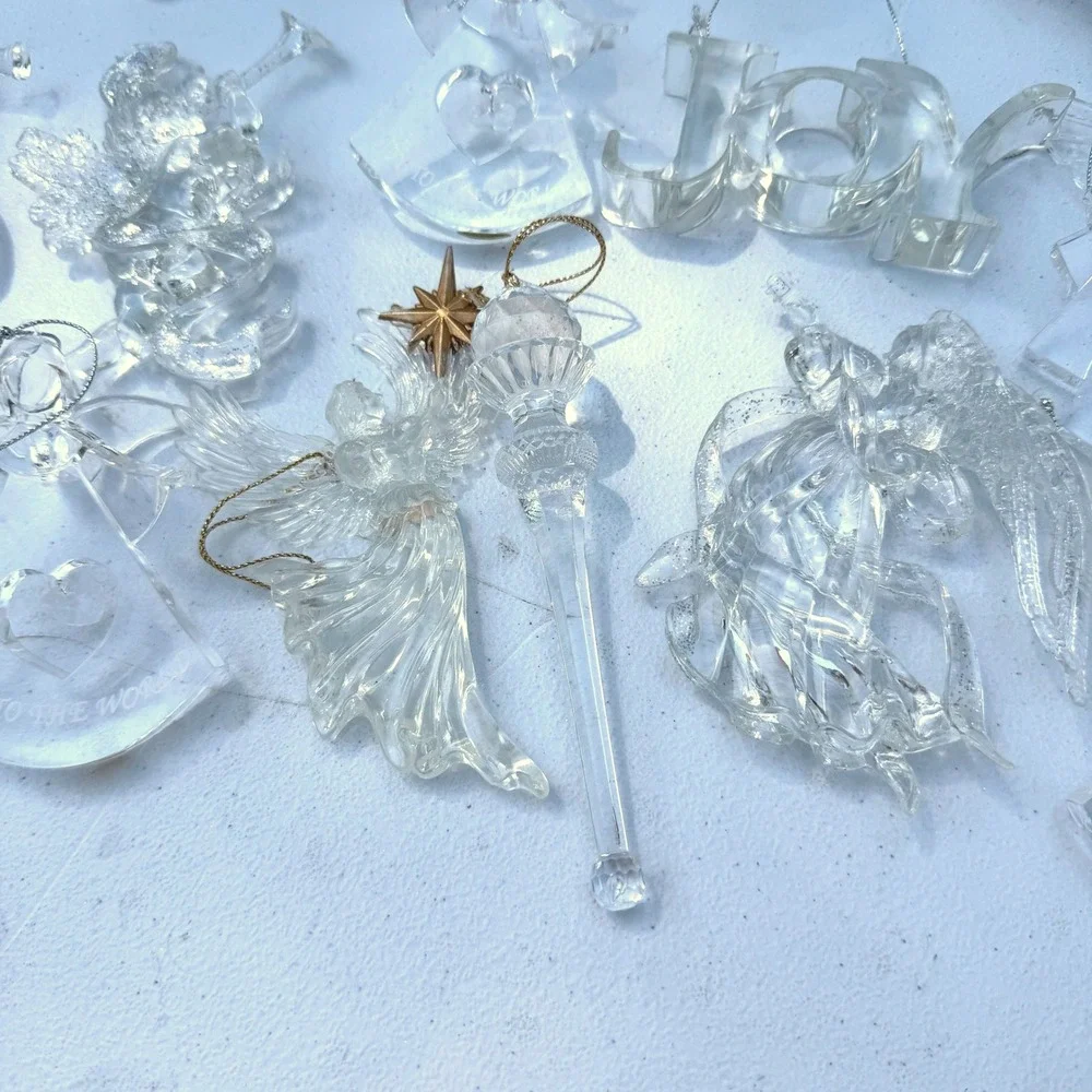 Christmas Ornament Lot 12pc Clear Acrylic Angels Joy Doves Clear